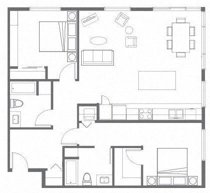 Floor plan for 2 beds, 2 baths, 1167 sqft